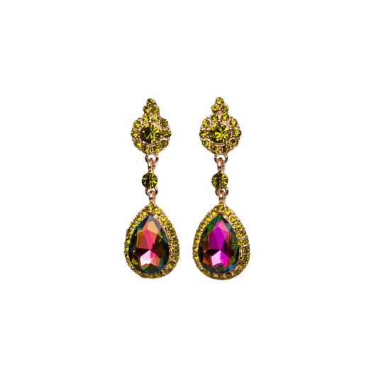 Pair of earrings with colorful gemstones on a white background