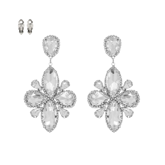 Silver Clear Crystal Flower Statement Clip-On Earrings
