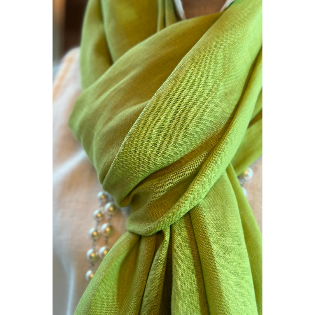 Lightweight Linen Scarf Shawl – Lime Green Fringe Wrap