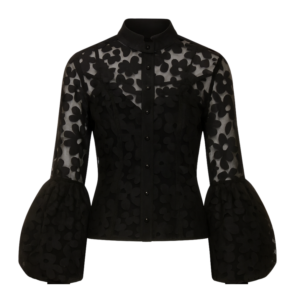 Black floral lace blouse with sheer sleeves on a white background