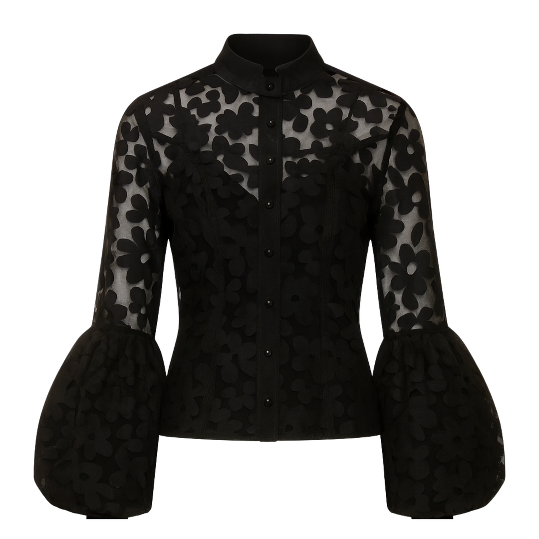 Black floral lace blouse with sheer sleeves on a white background