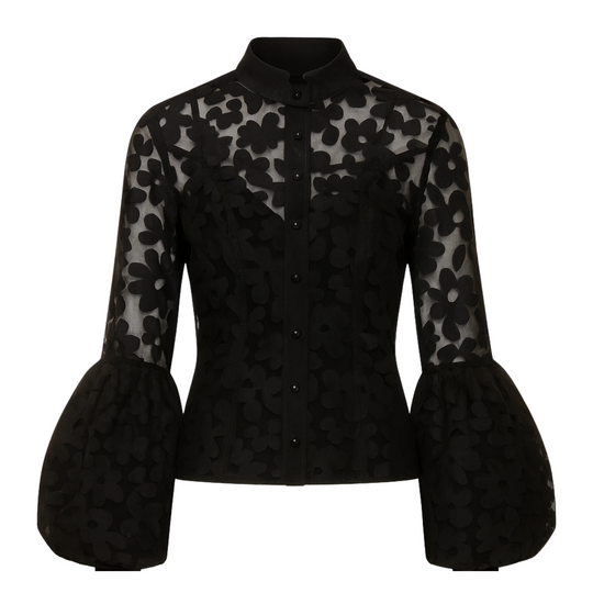 Black floral lace blouse with sheer sleeves on a white background