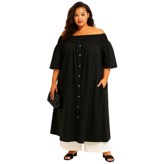 Woman wearing a black off-shoulder dress on a white background