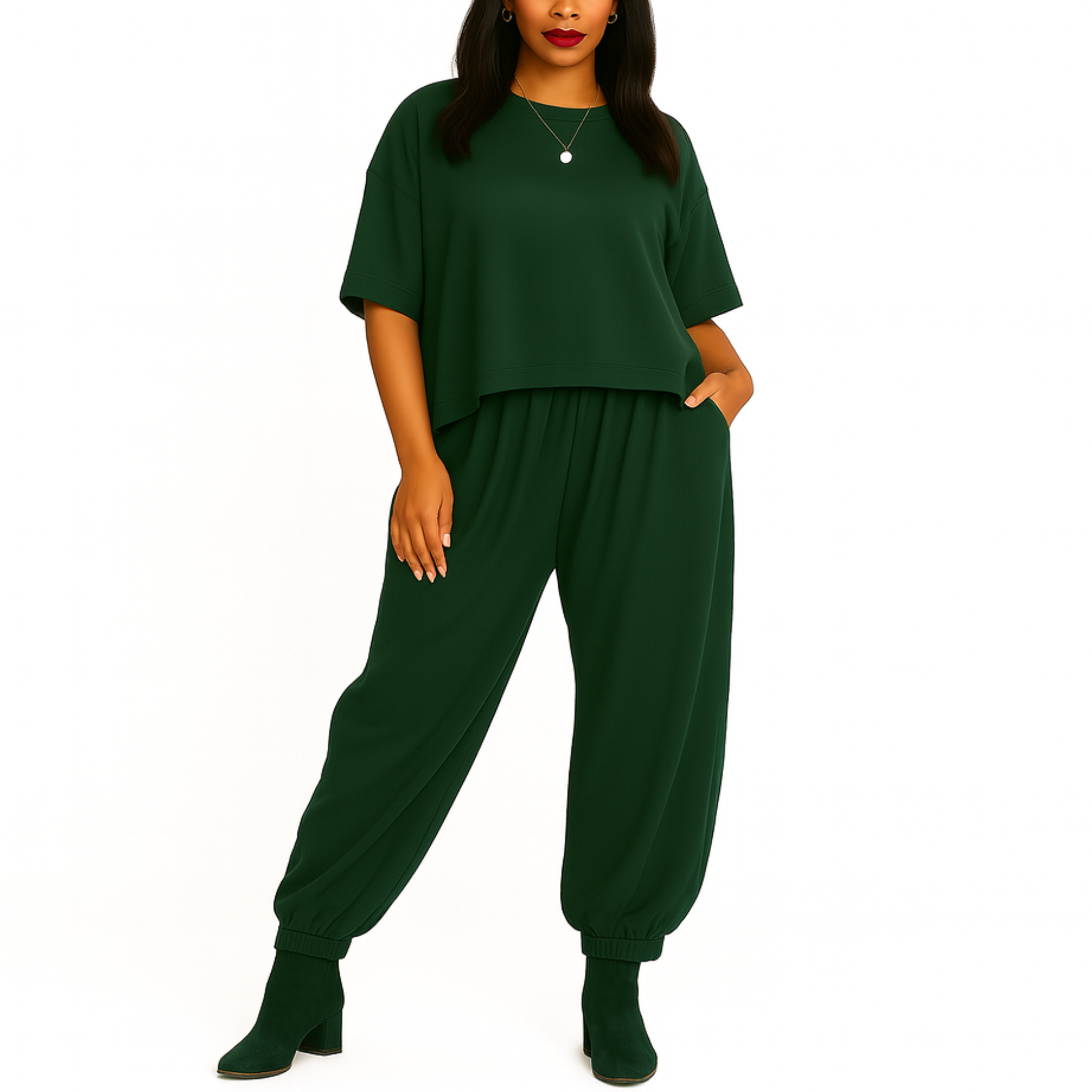 Woman wearing a green outfit on a white background