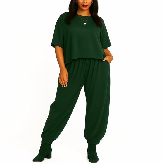 Woman wearing a green outfit on a white background