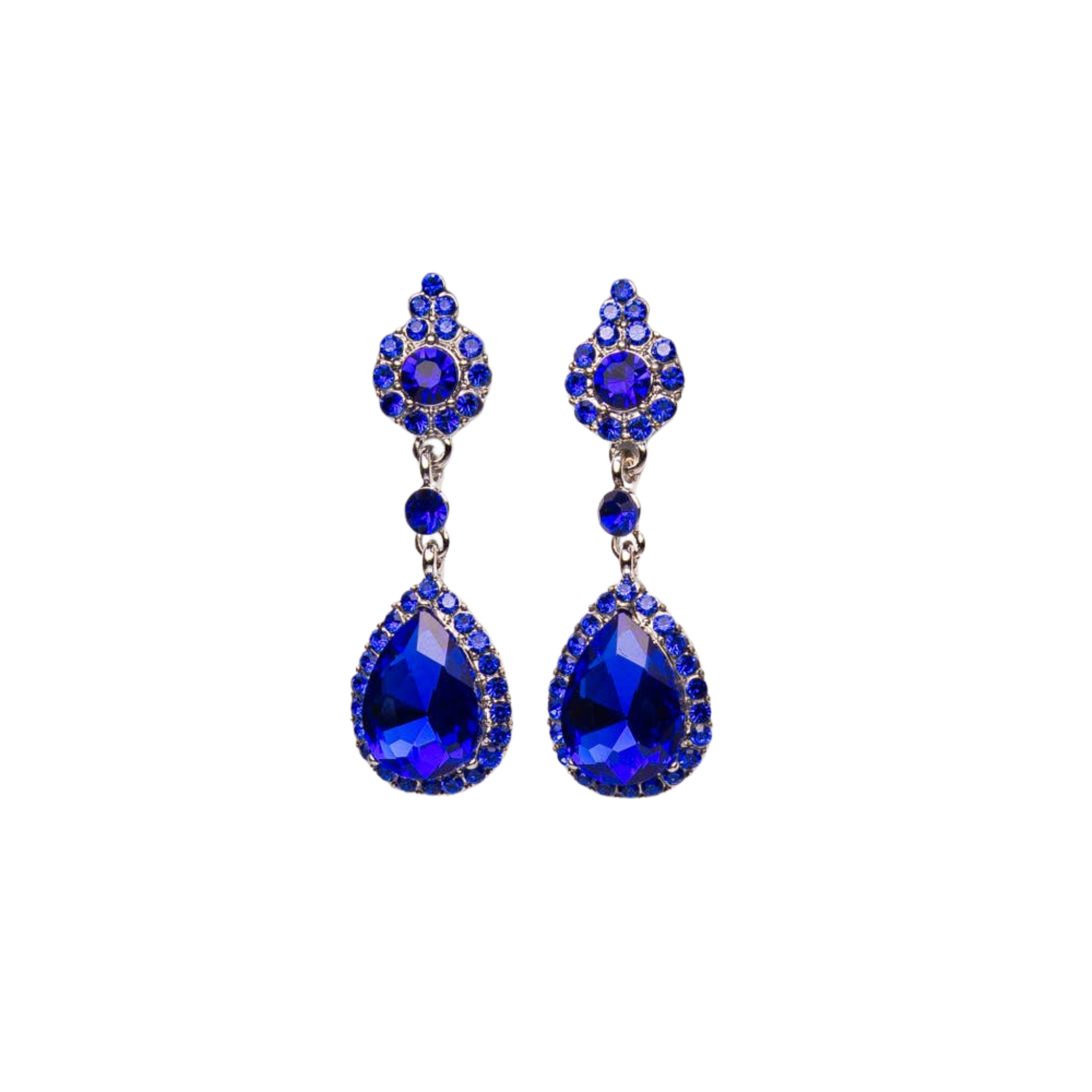 Pair of blue teardrop earrings on a white background