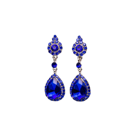 Pair of blue teardrop earrings on a white background
