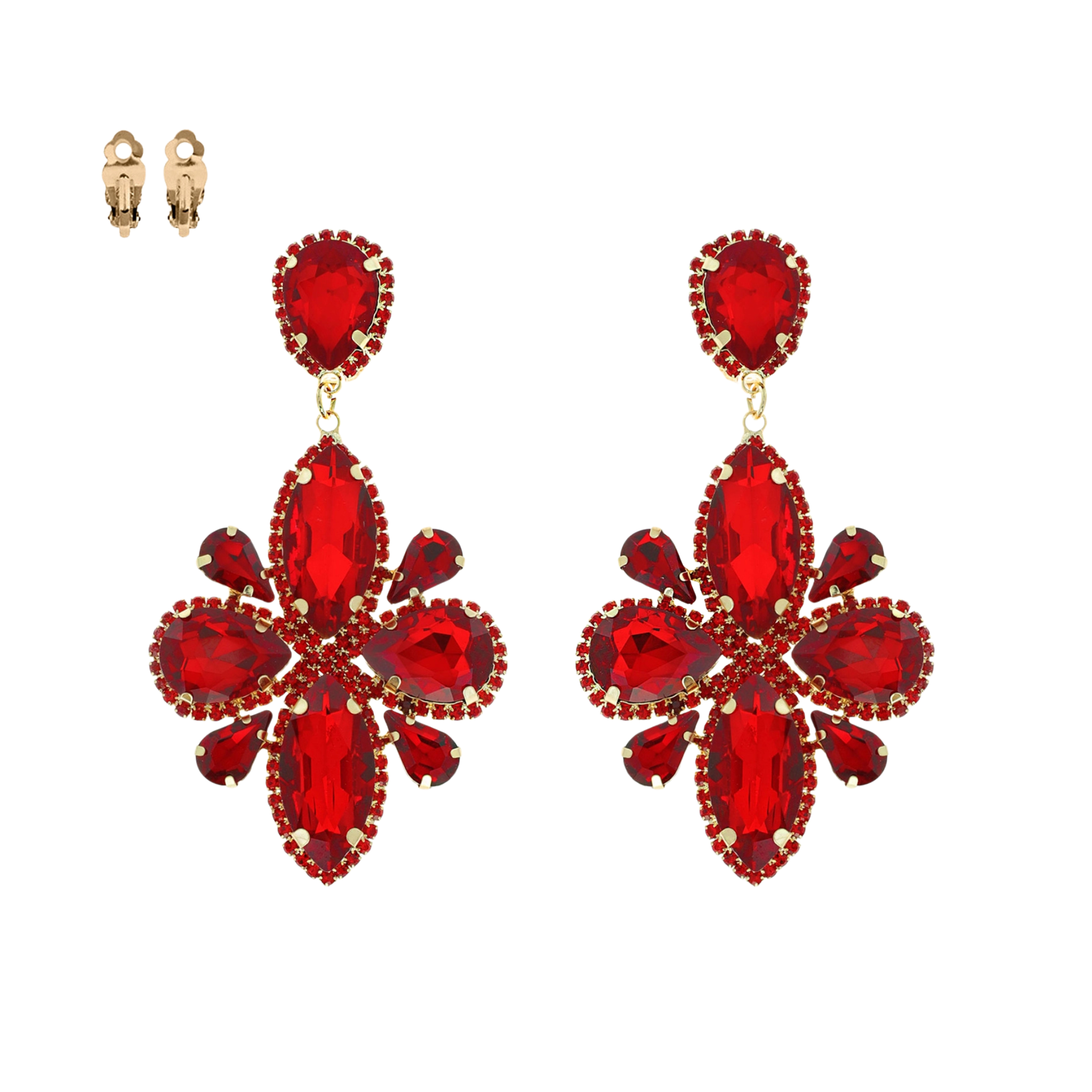Red crystal flower statement clip-on earrings – bold oversized evening jewelry