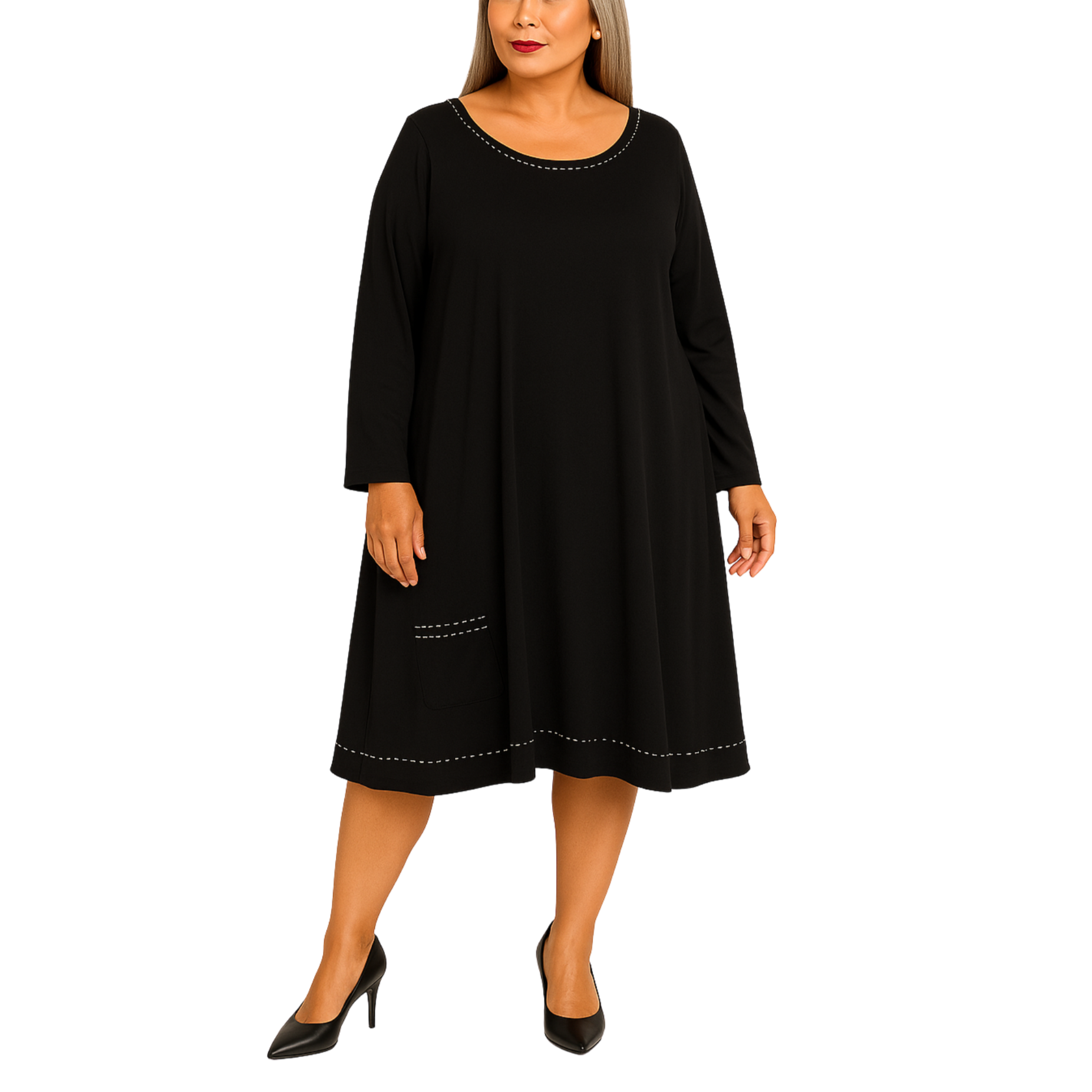 Woman wearing a black dress on a white background