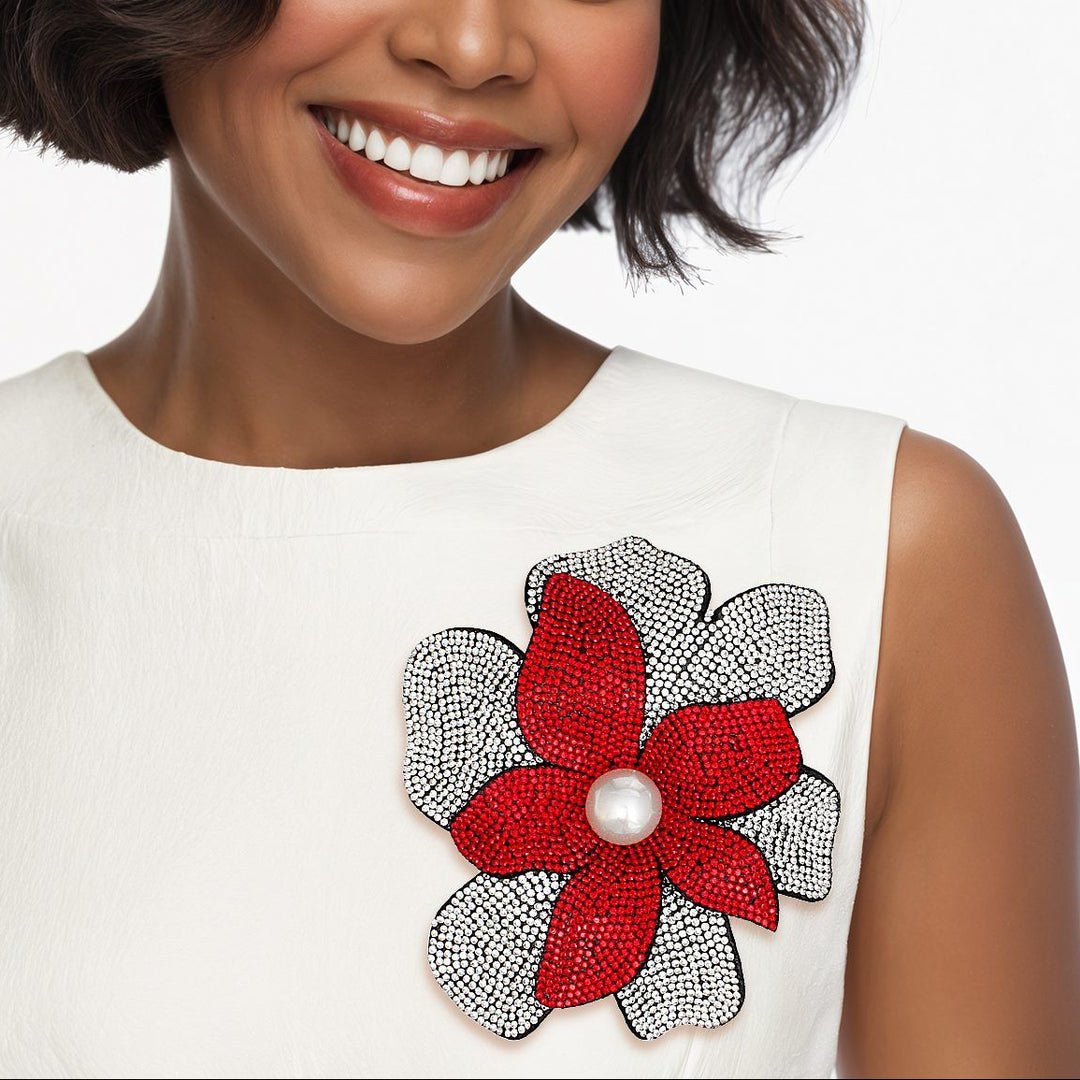 red flower pin for dress Fabric Red Rose Brooch Pin with Crystal Rhinestone Floral Flower Decorative Dress Brooch for Women and Men Wedding