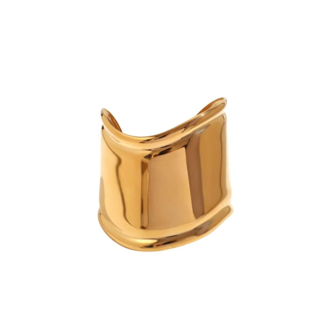 Antonia Cuff Bracelet front view – sculptural wide gold cuff, stainless steel with gold plating, 6" opening, 2" wide