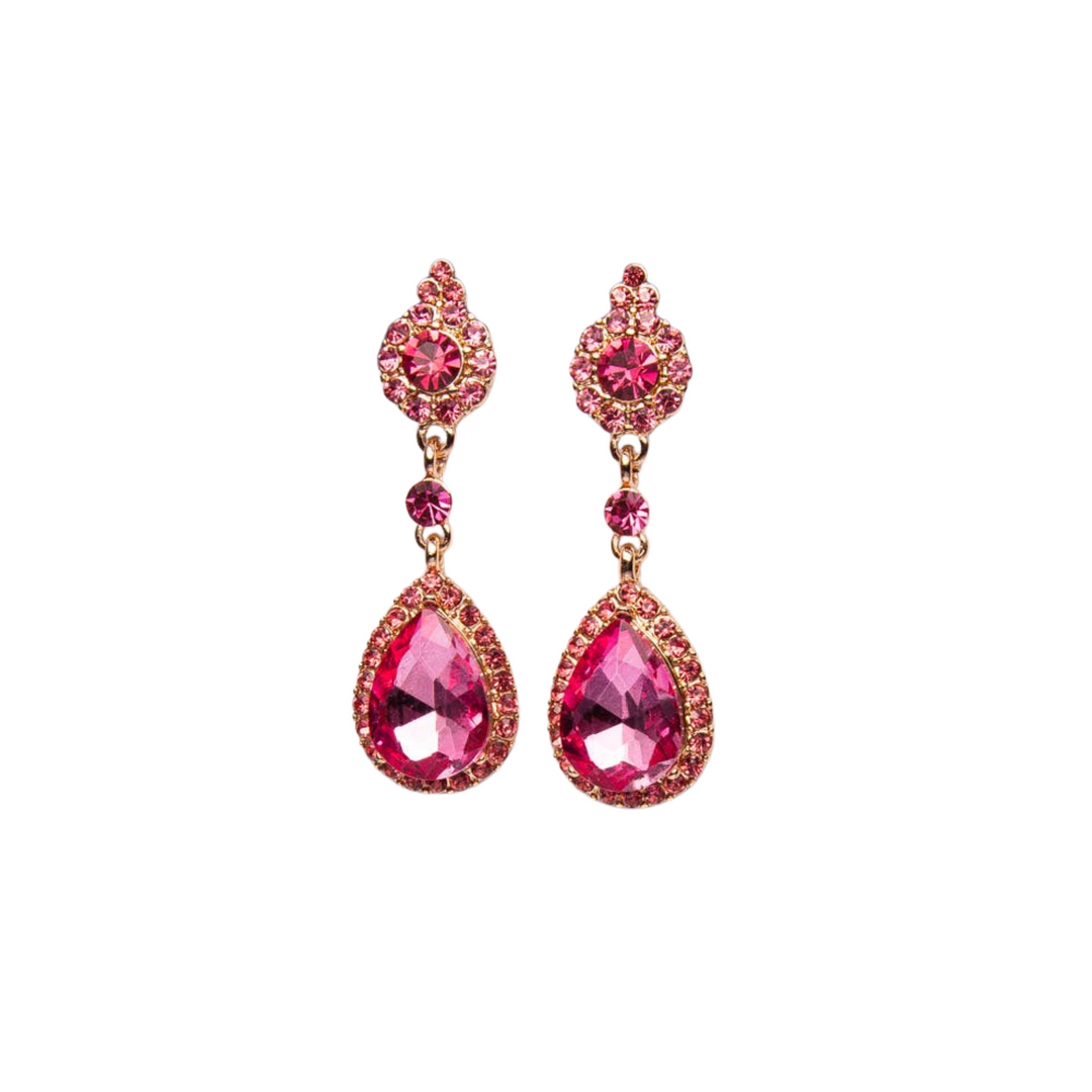Pink teardrop earrings with gold accents on a white background