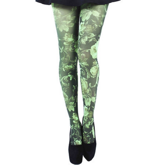 Green Floral Printed Footed Tights