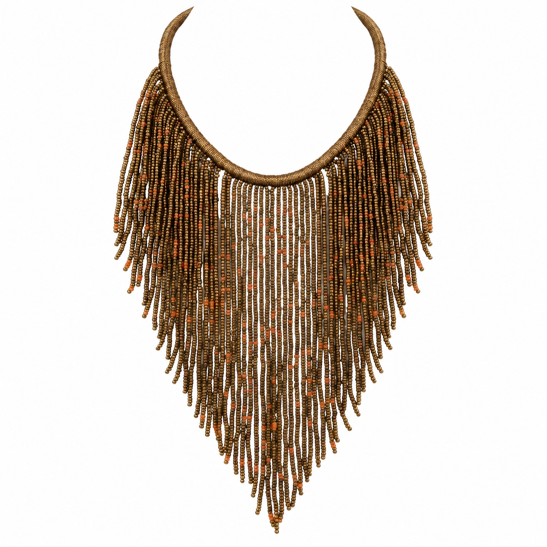 African Beaded Fringe Necklace: Bronze