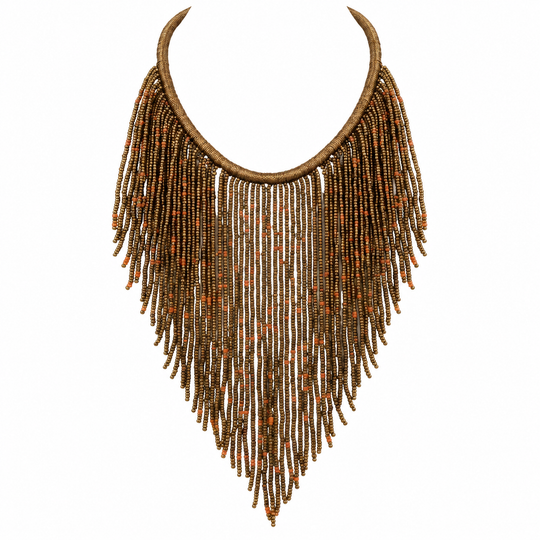African Beaded Fringe Necklace: Bronze