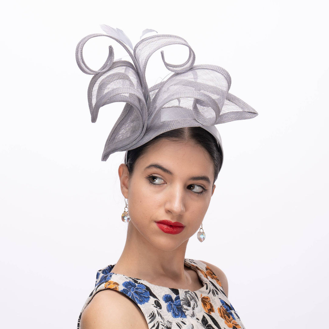 Lilly Shape Sinamay Swirls Feather Fascinator: Silver