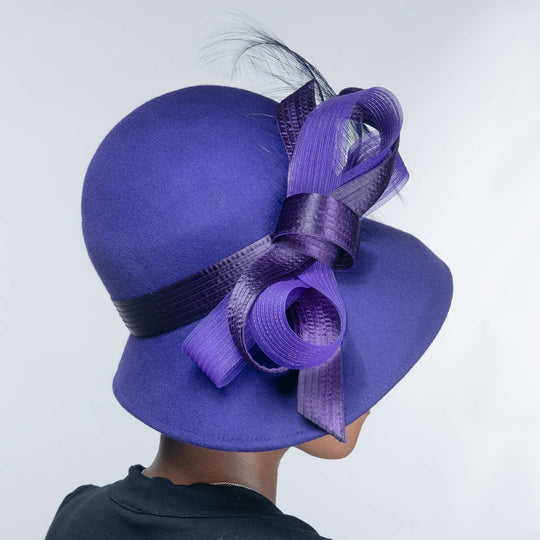 Feather Bow Trim Asymmetric Wool Felt Hat: Royal