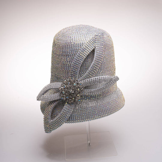 Bell Shape Hat Covered In Rhinestone With Leaf Shape Trim: Black