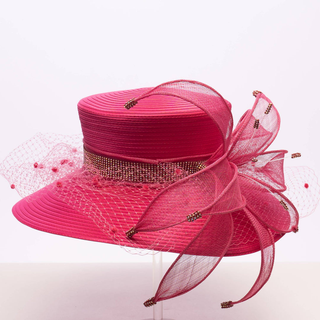 Hot Pink Sinamay Ribbon Flower Wide Brim Hat: Fuchsia