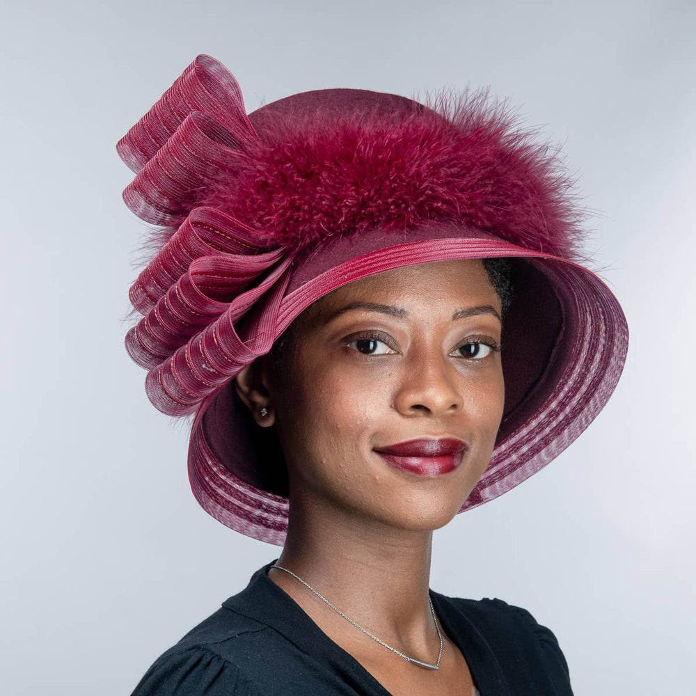 Crinoline Feather Bow Trim Tall Crown Wool Felt Hats: Wine