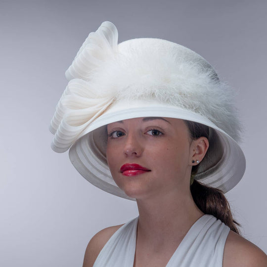 Crinoline Feather Bow Trim Tall Hat: Ivory