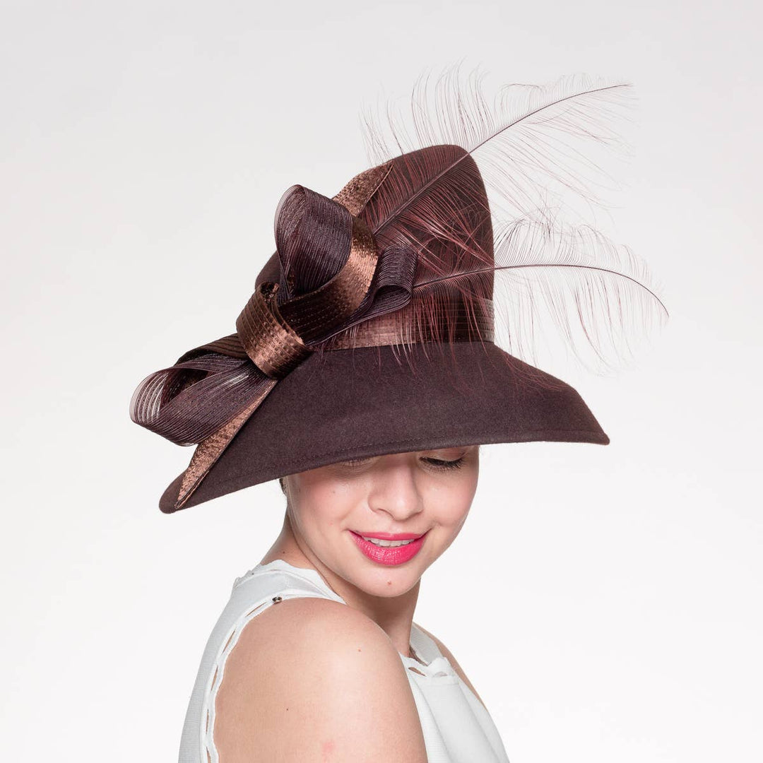 Feather Bow Trim Asymmetric Wool Felt Hat: Royal