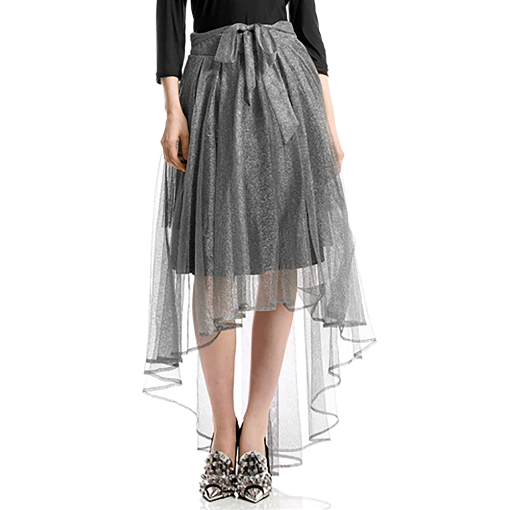 A silver metallic mesh skirt with a high-low hem, featuring an additional half belt. The skirt is designed for a modern woman and is suitable for special occasions or evening events.