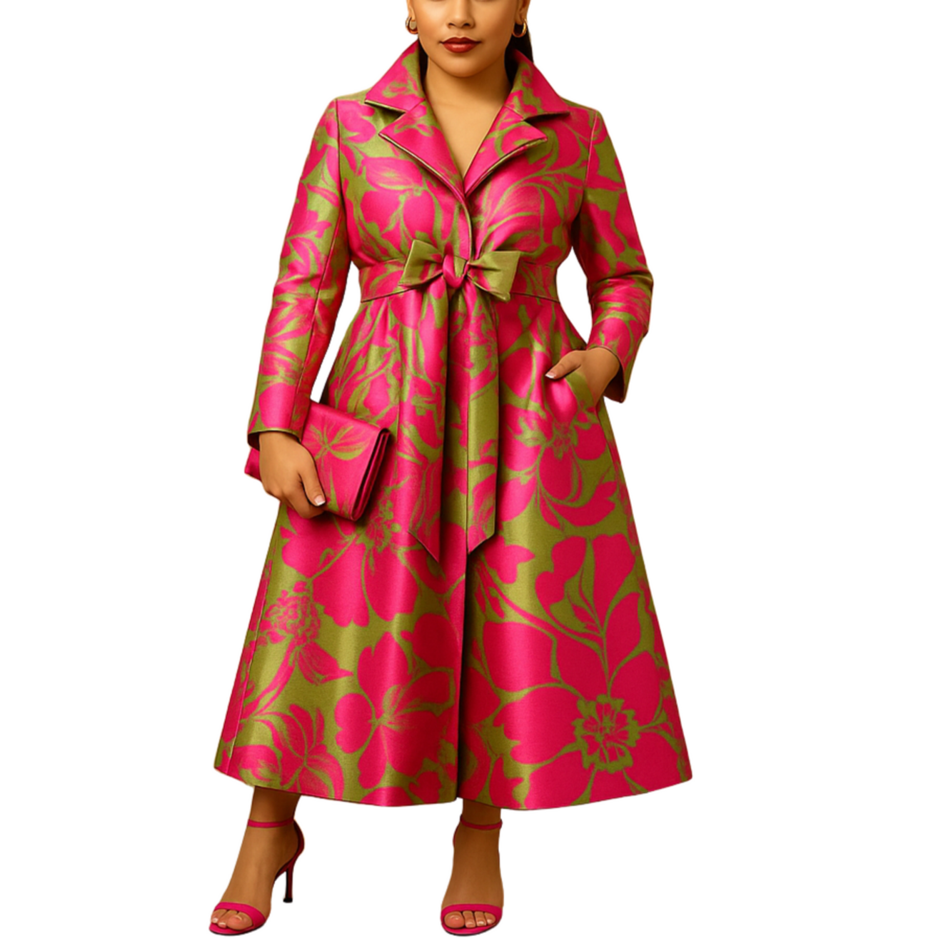 Woman wearing a pink and green floral patterned coat on a white background