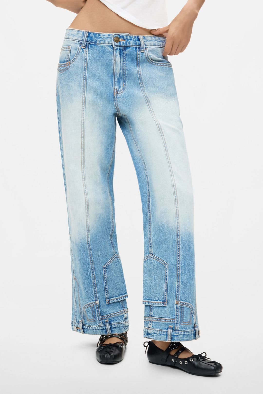 Washed Blue Seamed Wide-Leg Jeans