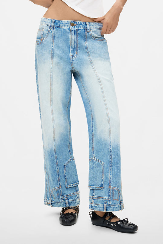 Washed Blue Seamed Wide-Leg Jeans