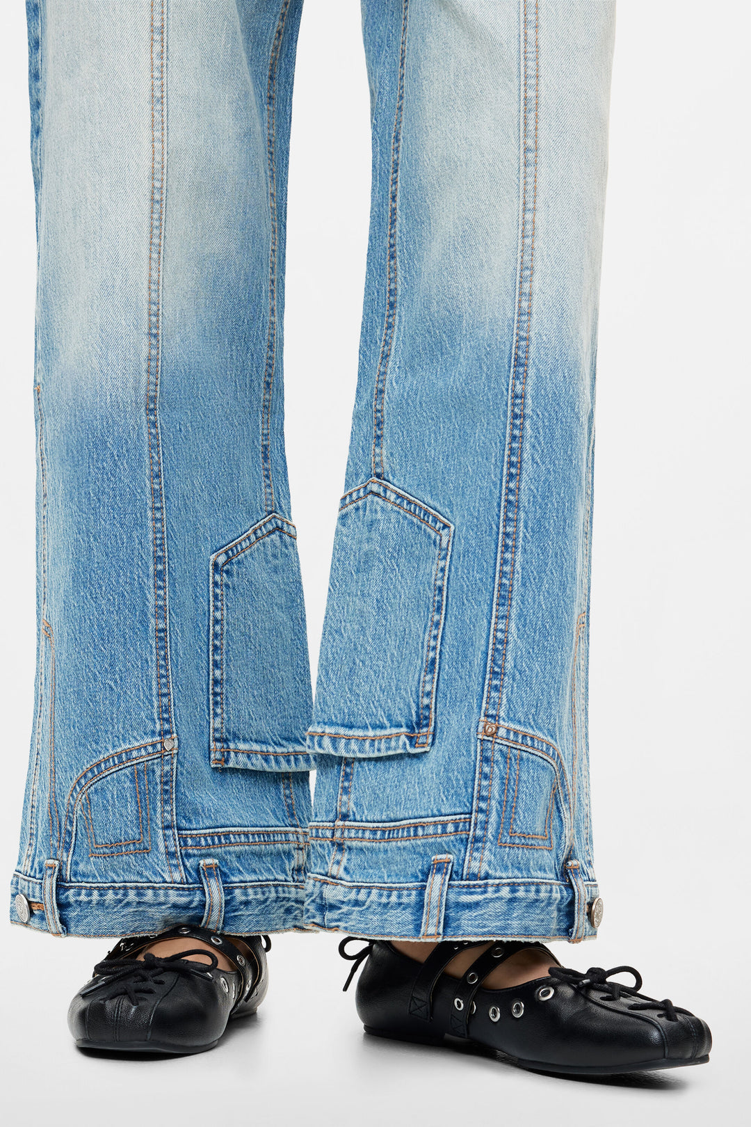Washed Blue Seamed Wide-Leg Jeans