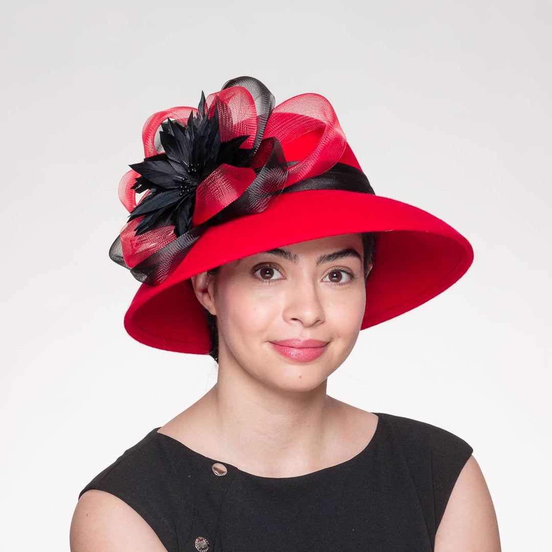 Feather Flower Bow Down Brim Hat: Royal Black