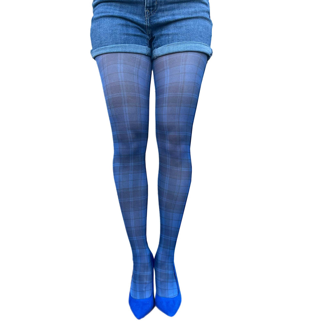 Blue Plaid Patterned Opaque Tights