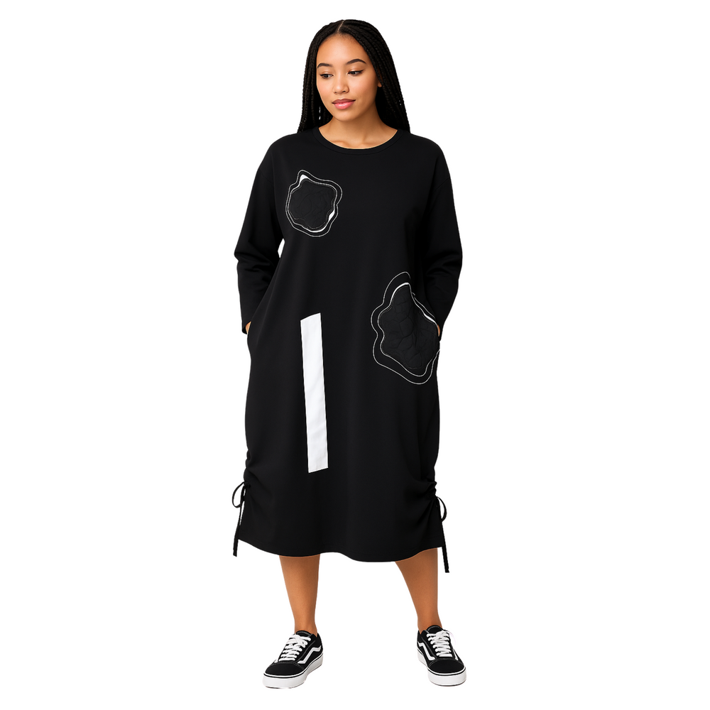 Artsy Black Midi Dress with White Panels & Drawstring