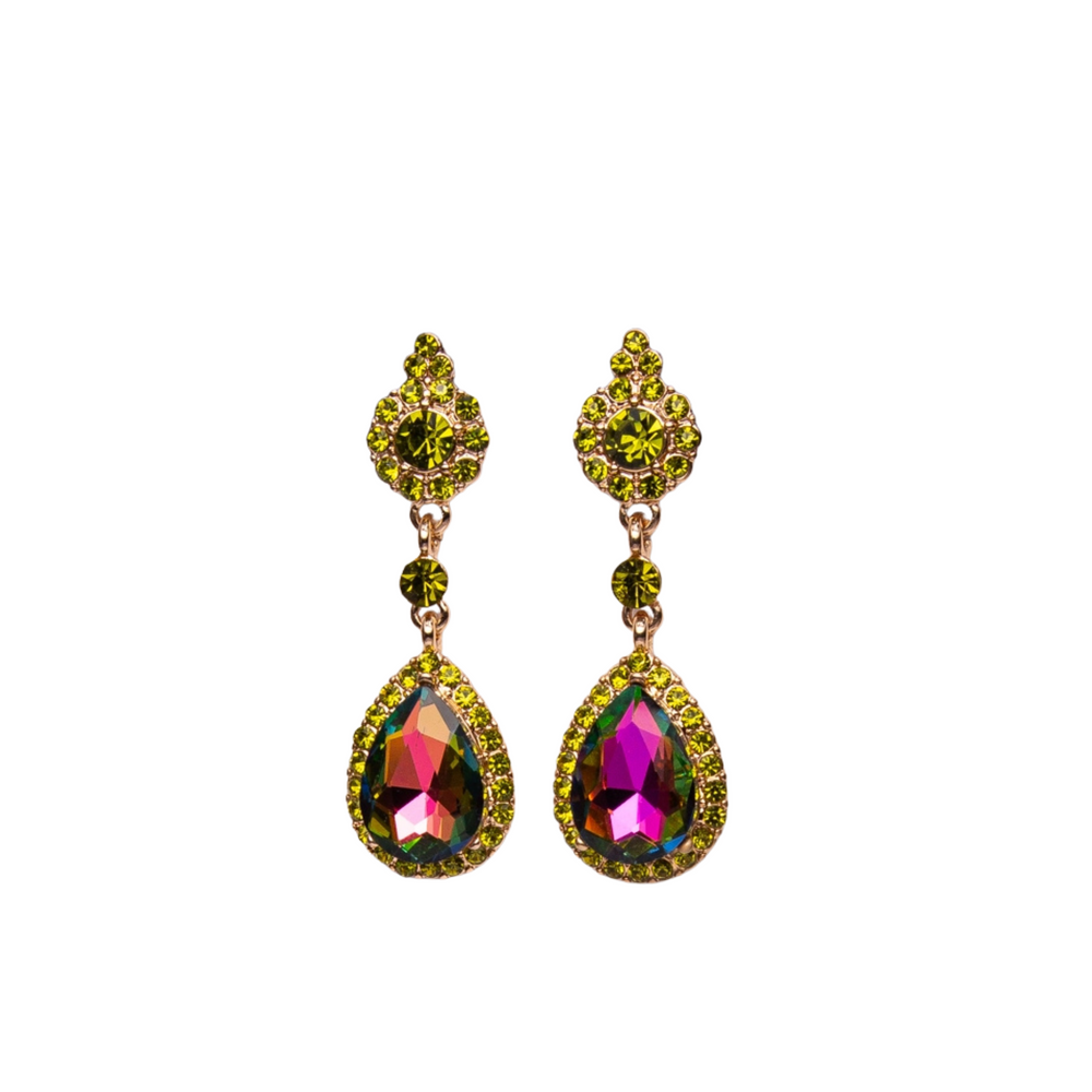 Pair of earrings with colorful gemstones on a white background