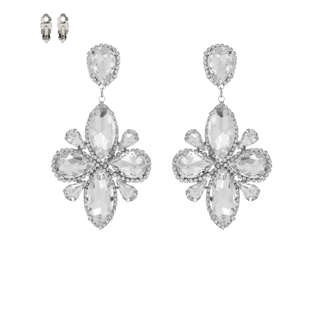 Silver Clear Crystal Flower Statement Clip-On Earrings