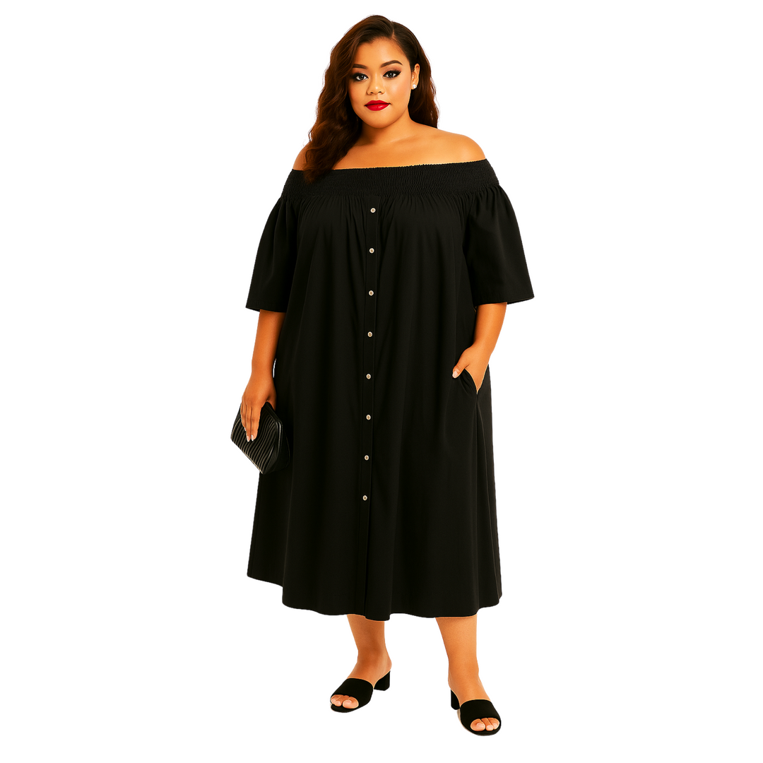 Woman wearing a black off-shoulder dress on a white background