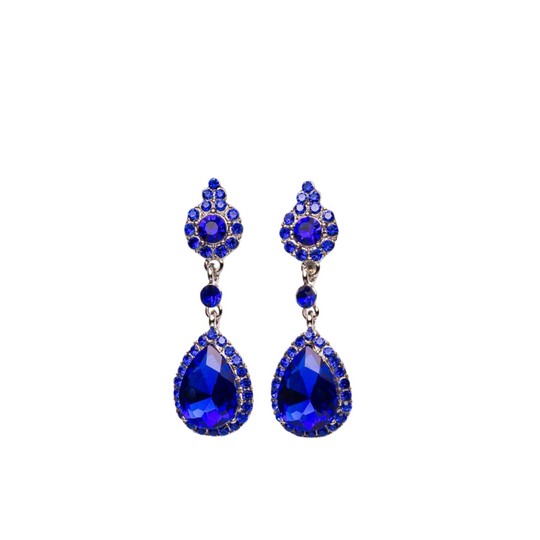 Pair of blue teardrop earrings on a white background