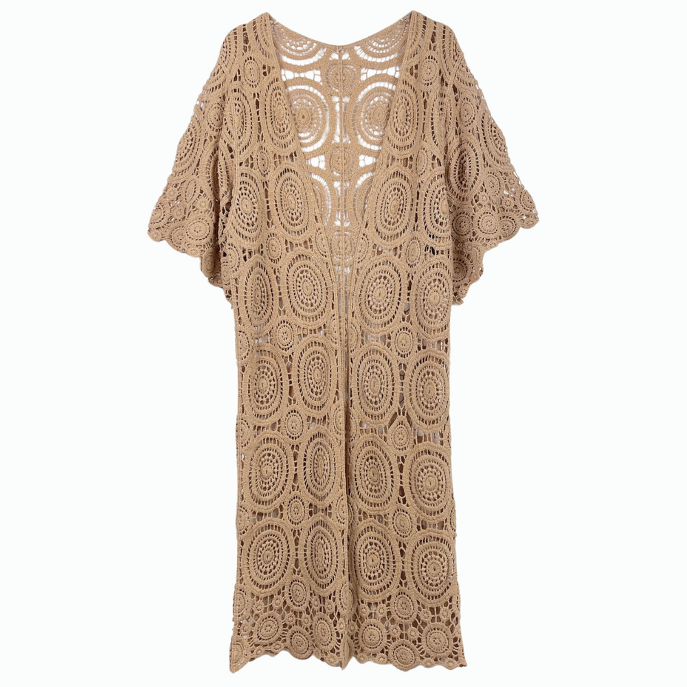 A brown open front lace cotton kimono with a flowing silhouette, displayed against a white background.