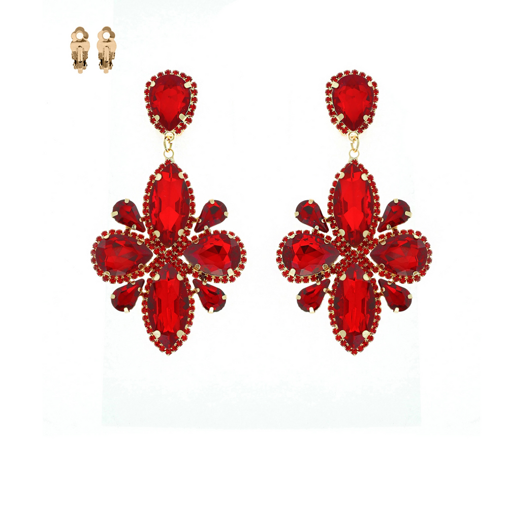 Red crystal flower statement clip-on earrings – bold oversized evening jewelry