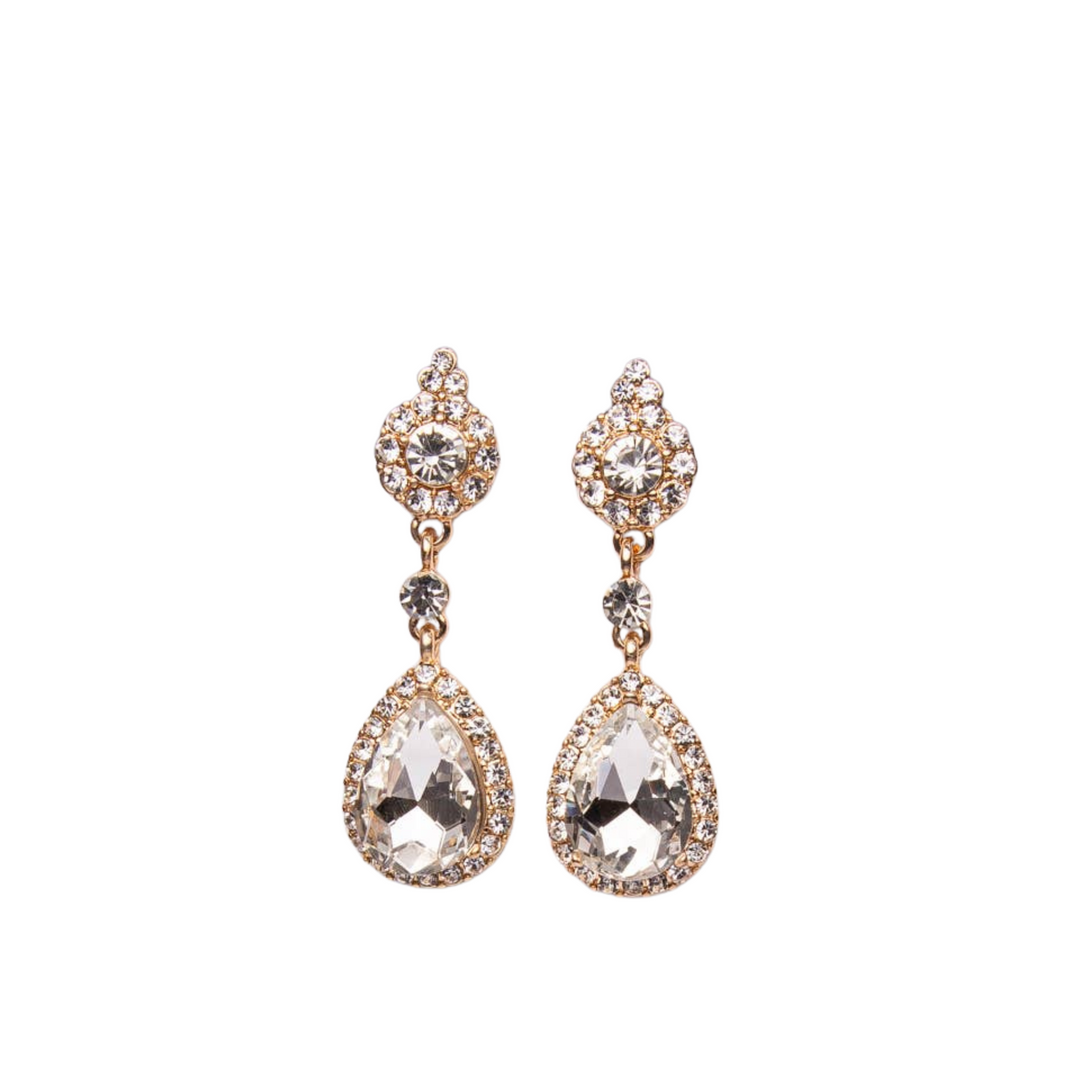 Pair of rose gold and crystal drop earrings on a white background