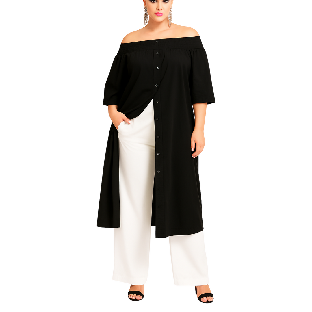 Woman wearing a black off-shoulder top and white pants on a white background