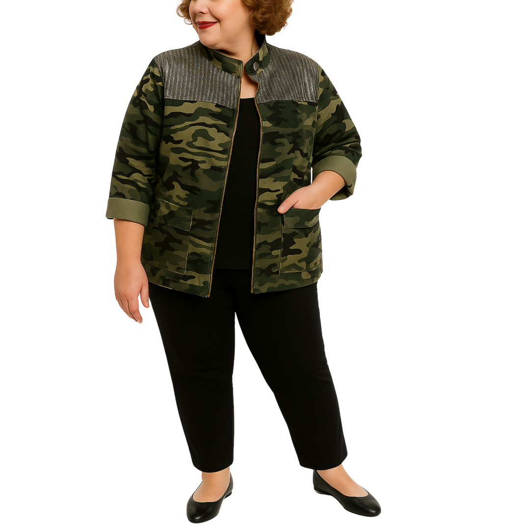 Person wearing a camouflage jacket on a white background