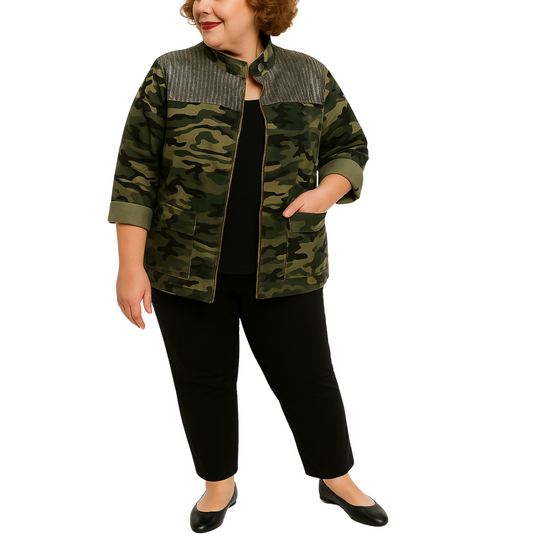 Person wearing a camouflage jacket on a white background