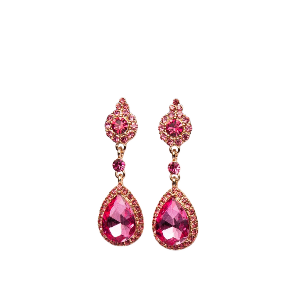 Pair of pink teardrop earrings with gold accents on a white background