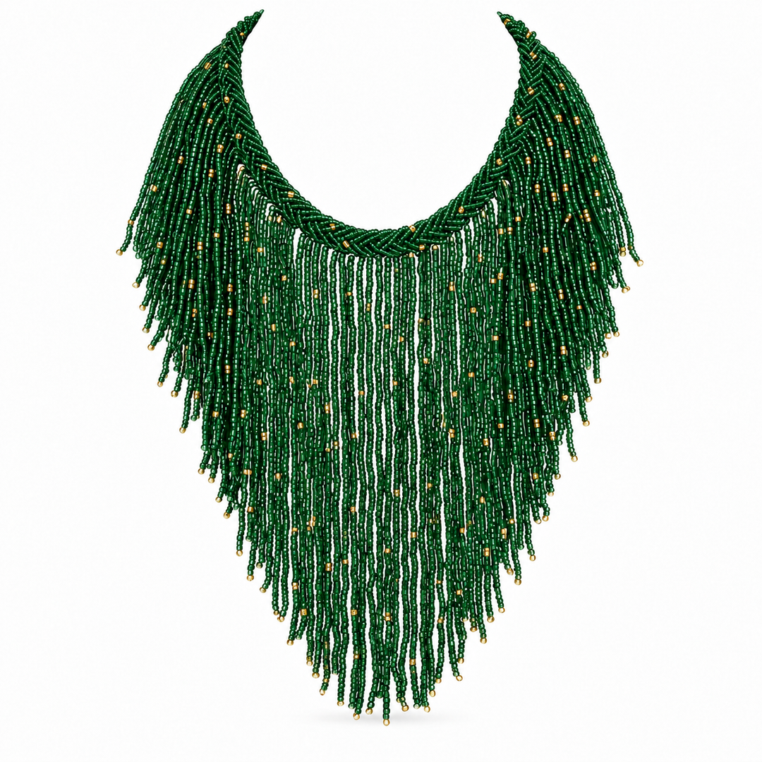 African Beaded Fringe Necklace: Emerald Green