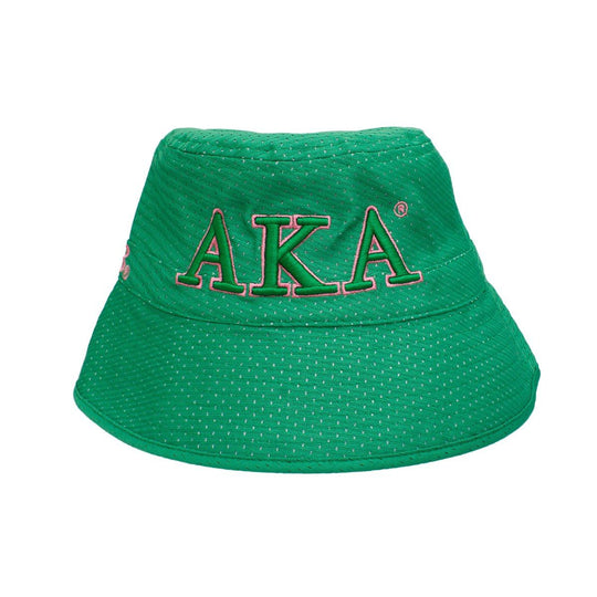 Green bucket hat with 'AKA' logo on a white background