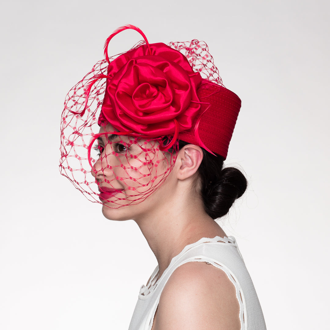 Red Pillbox Hat with Veil and Flower