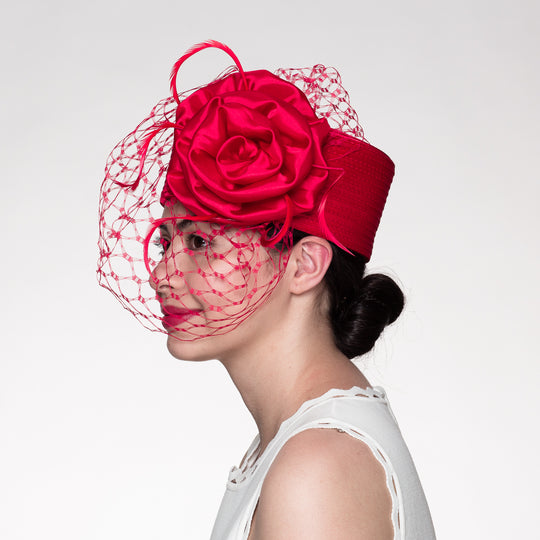 Red Pillbox Hat with Veil and Flower