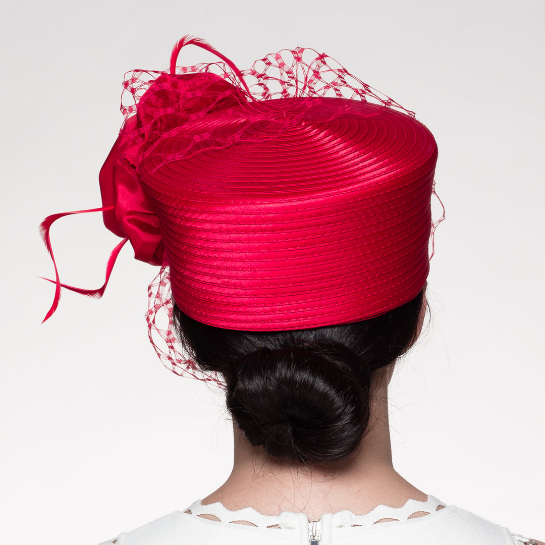Red Pillbox Hat with Veil and Flower